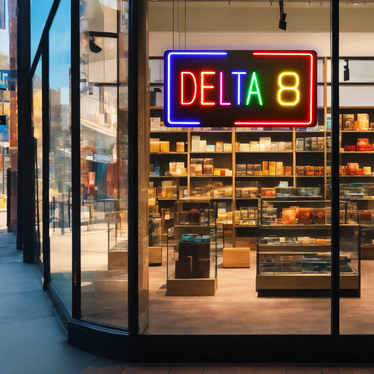 DELTA 8 neon sign dispensary storefront display