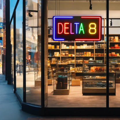 DELTA 8 neon sign dispensary storefront display