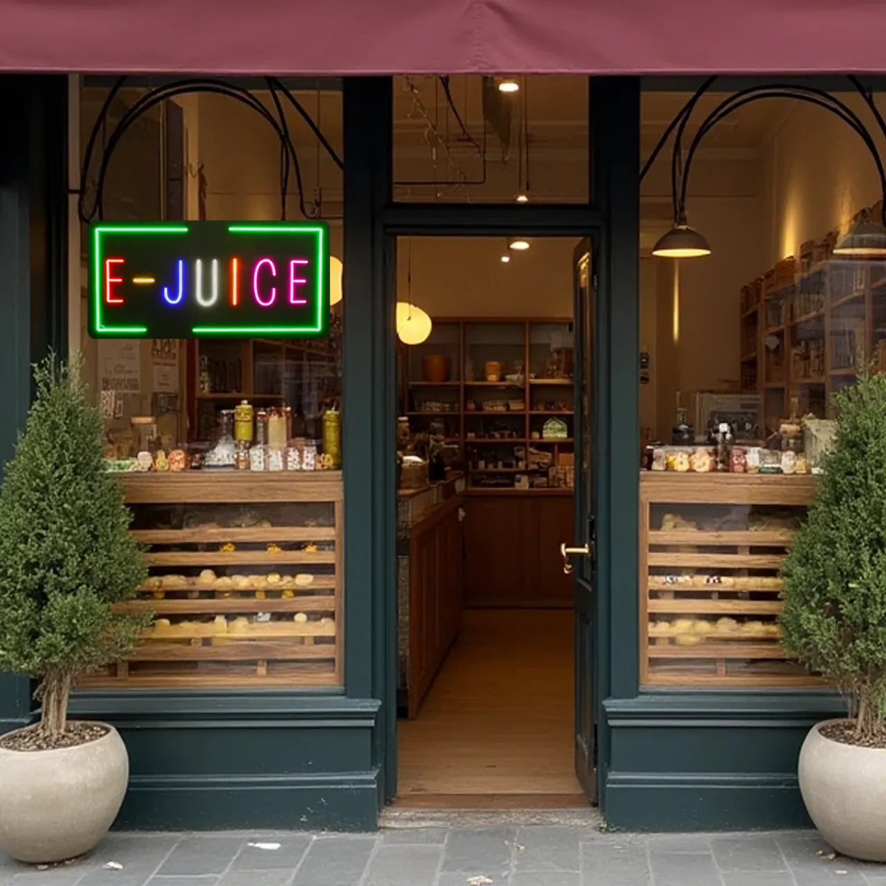 E-JUICE neon sign vape store window display