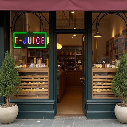 E-JUICE neon sign vape store window display